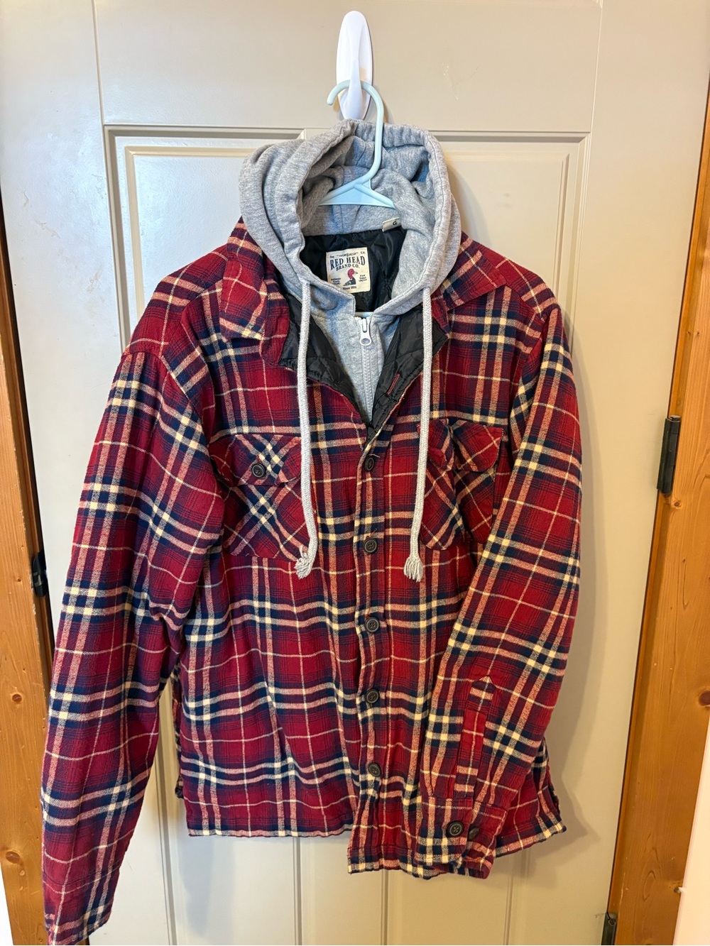 RedHead Red Plaid Hooded Shirt Jacket with Grey Hood